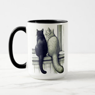 Caneca Gatos Pretos e Brancos na Janela