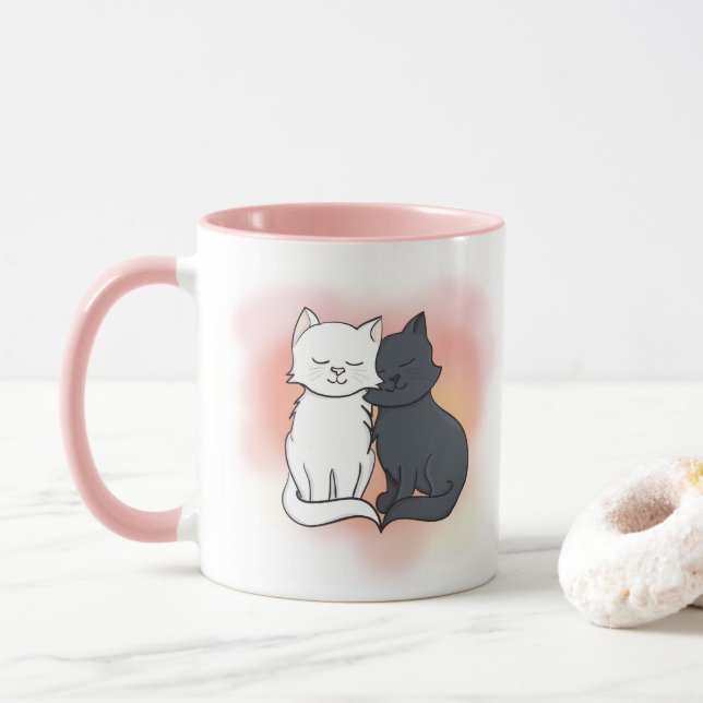Caneca Gatos Pretos e Brancos no Amor Rosa Sonho (Com Donut)