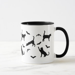 Caneca Gatos Pretos e Morcegos Padrão Caprichoso de Hallo