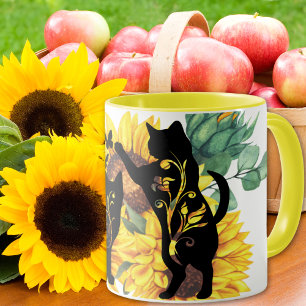 Caneca Gatos Pretos Girassóis Aquarela Floral