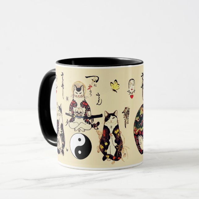 CANECA GATOS SAMURAI NO CÉREBRO,ESQUELETO,TATUAGENS DE BO (Frente Esquerda)