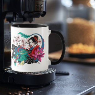 Caneca Géisha Asiática Dragão Flor de Cerejeira Azul