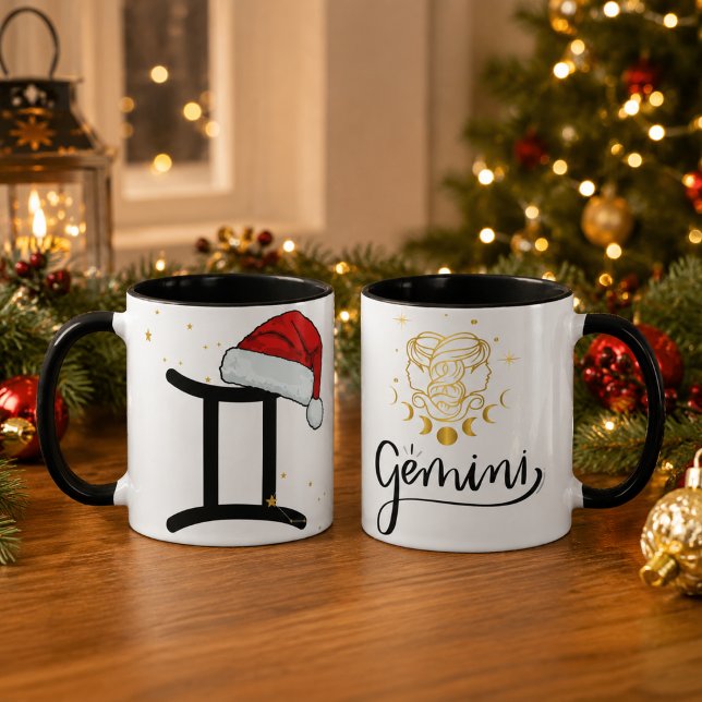 Caneca Gêmeos de Natal Chapéu de Papai Noel Zodiac (Criador carregado)