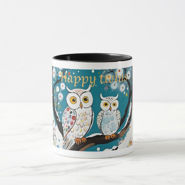 Caneca Gêmeos felizes" Moga cerâmica com Design de Coruja (Centro)