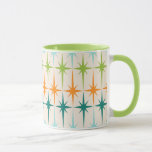 Caneca geométrica da campainha de Starbursts do<br><div class="desc">Vintage. Geometrics. Starbursts. Se você ama algumas daquelas palavras, esta caneca geométrica da campainha de Starbursts do vintage retro é para você. Características deste design moderno do meio século um fundo de creme com fileiras da turquesa, do verde limão, da laranja, e dos starbursts da cerceta. Este design da modificação...</div>