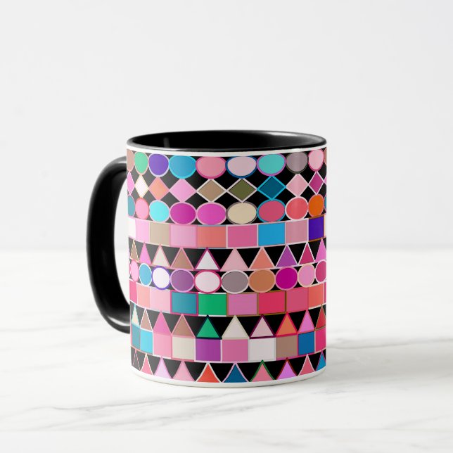 Caneca Geométrico Tribal Moderno, Cores de Joias a Preto (Frente Esquerda)