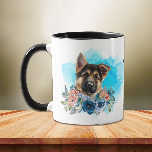 Caneca German shepherd Puppy Blue Floral (Criador carregado)