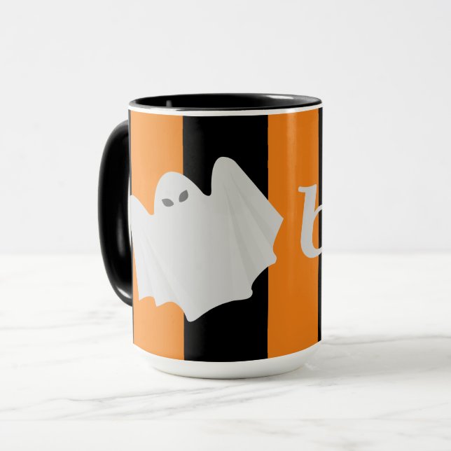 Caneca Ghost Ghost Halloween Laranja e Black Stripes Boo! (Frente Esquerda)