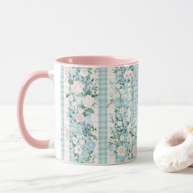 Caneca Gingham - Grande Geração de Gingham Floral Floral  (Com Donut)