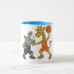 Caneca Girafa de desenho animado e rinoceronte jogando ba
