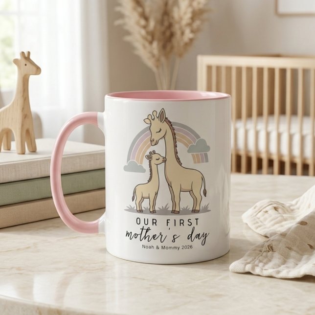 Caneca Girafa Pastel Mamãe Bebê Primeiro Dia das Mães Arc (Criador carregado)