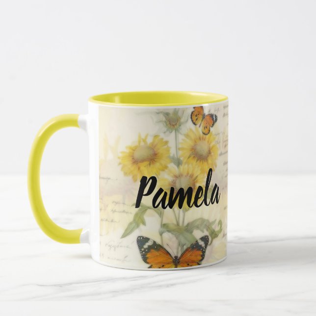 Caneca Girassóis e borboleta personalizados (Esquerda)