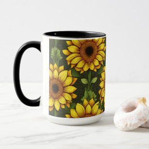 Caneca Girassol amarelo alaranjado com verde e castanho