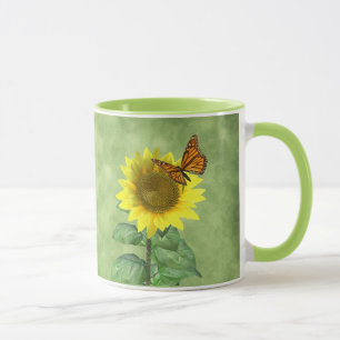 Caneca Girassol Amarelo bonito e Borboleta Laranja