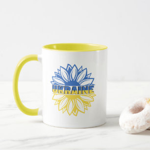 Caneca Girassol azul e amarelo com inscrição Ucrânia