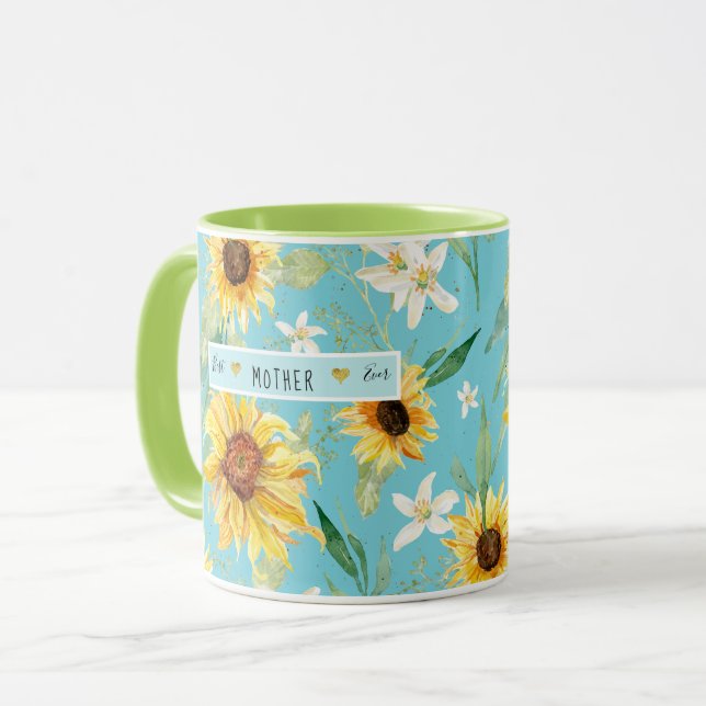 Caneca Girassol Citrino Flor Melhor Mãe Nunca Corações (Frente Esquerda)