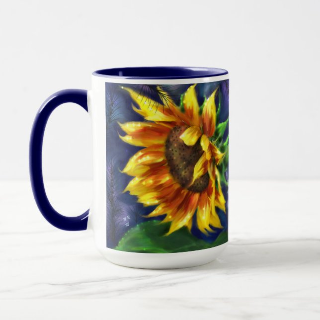Caneca Girassol na Noite Amarelo Azul Flor Floral (Esquerda)