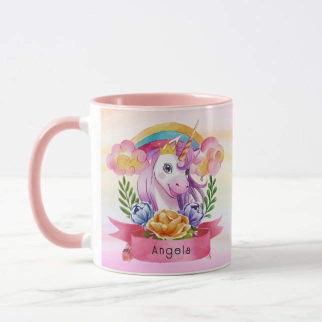 Caneca Girls Cute Purple Unicorn Rainbow Nome Personaliza (Esquerda)