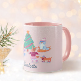 Caneca Girly Dogs Ice Skating Blush Pink Nome de Natal