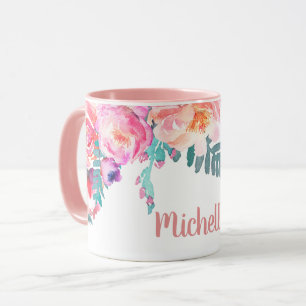 Caneca Girly Pink Rose Flowers Elegante Nome Personalizad