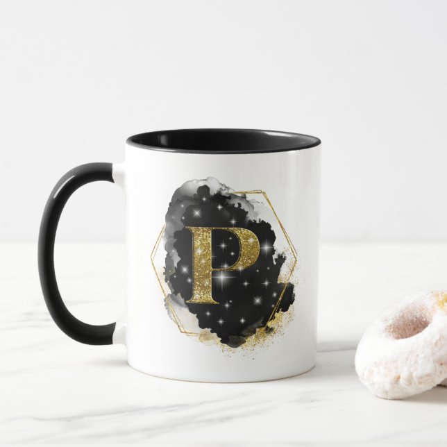 Caneca Glam Glitter Dourado Monograma P (Com Donut)