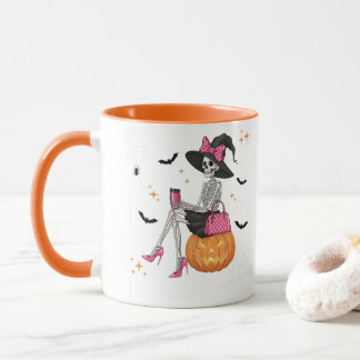 Caneca Glam Skeleton Witch com Pumpkin Halloween Spooky