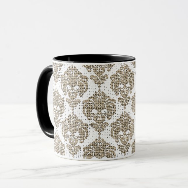 Caneca Glamour Rústico Damasco Real Burlap Chic Moderno (Frente Esquerda)