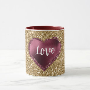 Caneca Glitter Dourado Vermelho Burgundy Coração Amor