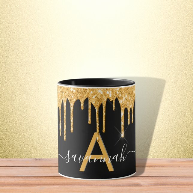Caneca Glitter preto dourado goteja nome do monograma scr (Criador carregado)