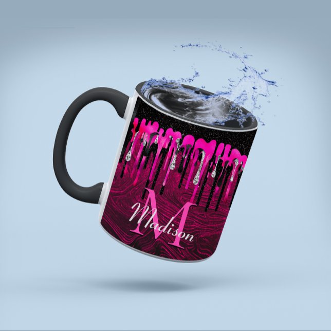 Caneca Glitter preto rosa quente quente pia pinga monogra (Criador carregado)