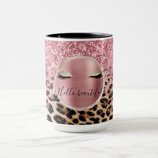 Caneca Glitzy Cor de rosa Leve Dourada Eyelashes Leopardo (Centro)
