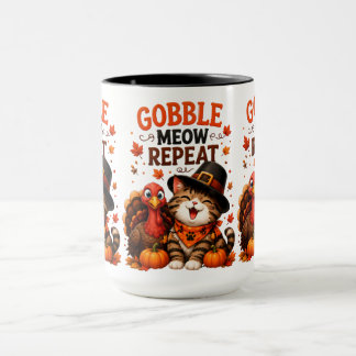 Caneca Gobble Meow Repita Gato Fofo de Ação de Graças e P