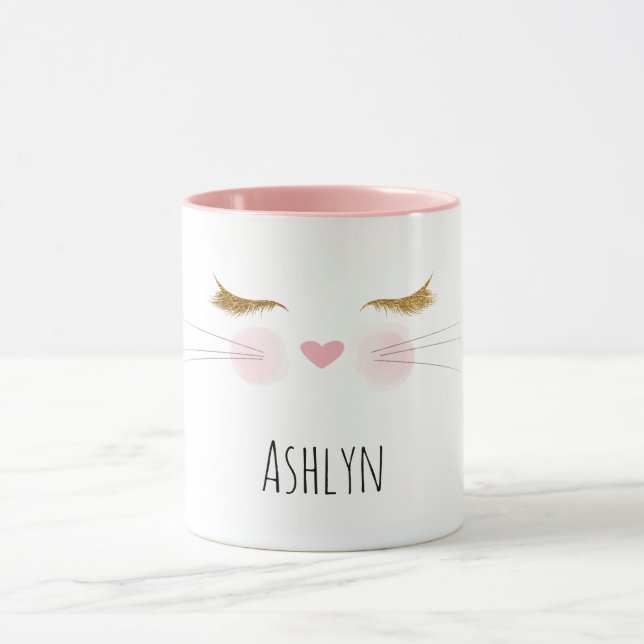 Caneca Gold Glitter Eyelashes Pink Nose Kitty Cat Face (Centro)