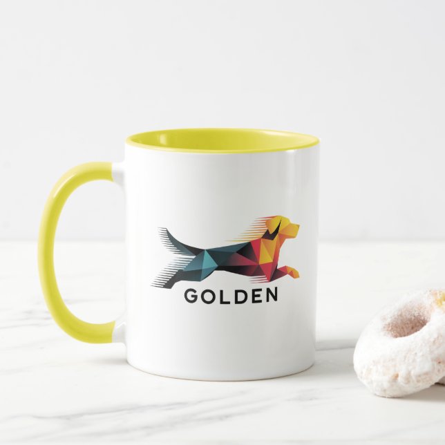 Caneca Golden retriever poligonal en amarillo y azul (Com Donut)