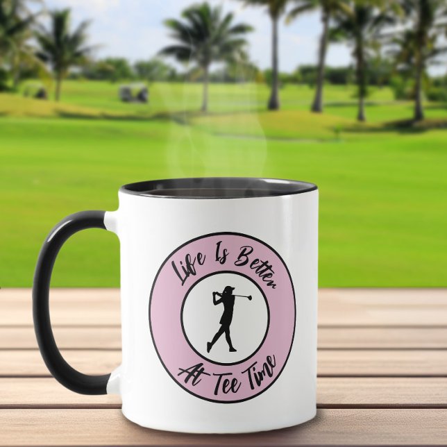 Caneca Golfe Golfe Tempo Esportes Humor Engraçado Trocadi (Cute Golfer Tee Time Sports Humor Funny Pun Pink Black Mug For Her)