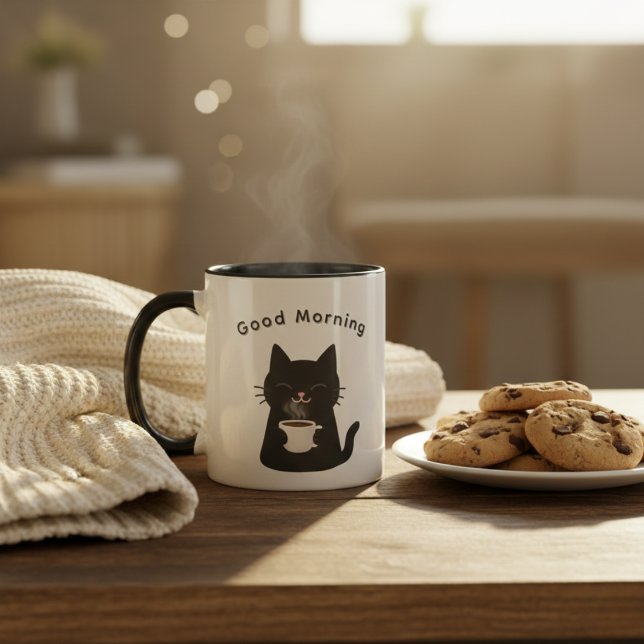 Caneca Good Morning with Cute Black Cat Coffee (Criador carregado)