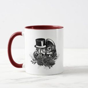 Caneca Gótica beijando crânios Casal amor eterno