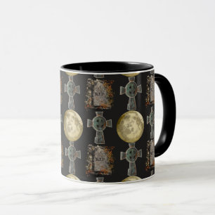 Caneca Gótica R.I.P. Headstone Celtic Cross Full Moon Art