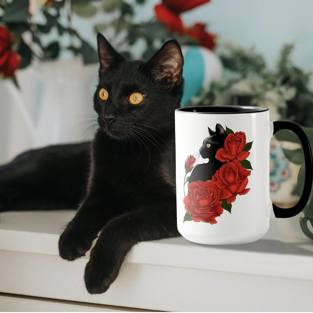 Caneca Gótico Gato Preto Rosas Vermelhas Roxo (Criador carregado)