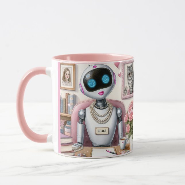 Caneca Grace o Robô – Brilho e Sintaxe em Sua Mesa (Esquerda)