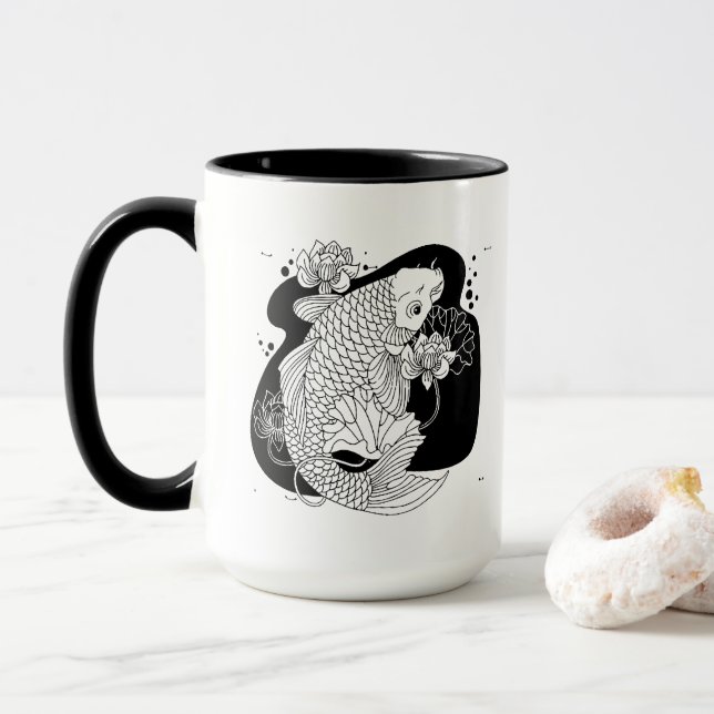 Caneca Graceful Koi & Lotus Mug – Zen Minimalist Art (Com Donut)