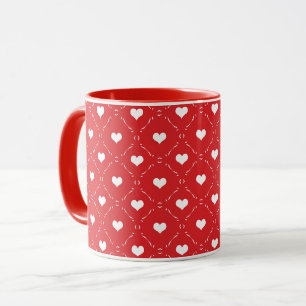 Caneca Grade Vermelho Branco Coração Geométrico Treliça