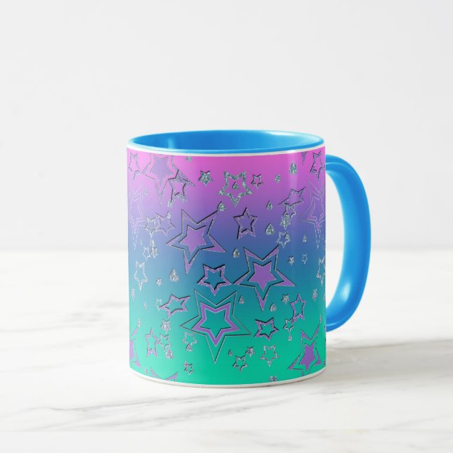 Caneca gradiente de natal brilho glitter confetes estrela (Frente Esquerda)