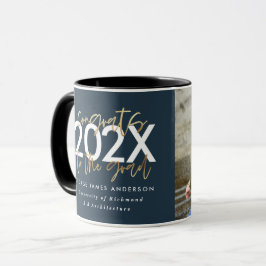Caneca Graduação de fotos com script moderno azul e doura