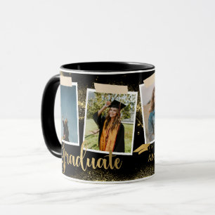 Caneca Graduação Preta do Nome de Foto do Formando Dourad