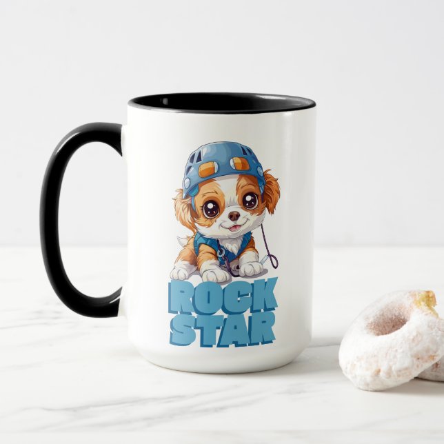 CANECA GRÁFICO DE CÃO CUTO COM TEXTO ROCK STAR (Com Donut)