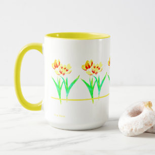 Caneca Grande Amarela Com Tulipas E Texto