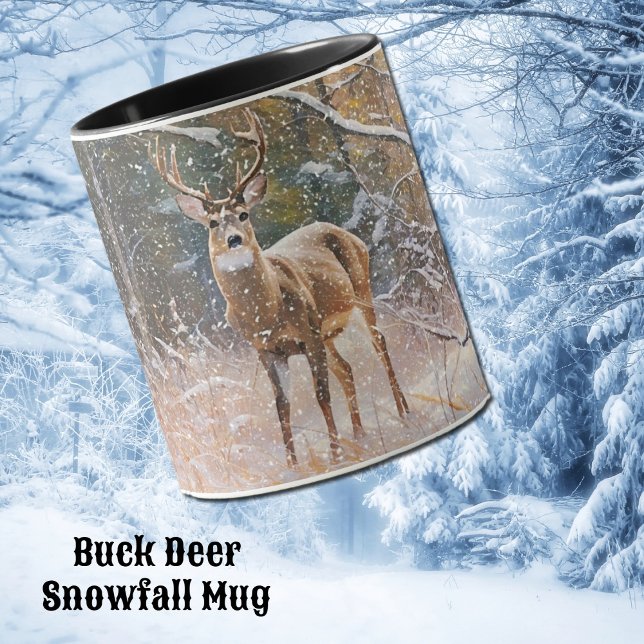 Caneca Grande Buck Deer Antlers em Neve e Árvores Arte Mu (A buck White-tailed deer in a snow scene art mug.)