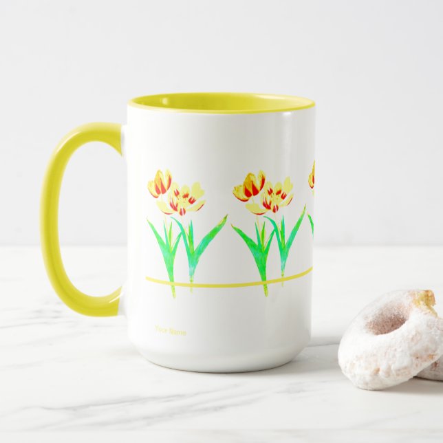 Caneca Grande com Tulipas Amarelas e Texto (Com Donut)