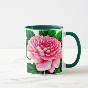 Caneca Grande Peônia Rosa com Folhas Verde Esmeralda
